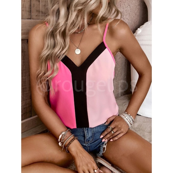 Color Block 2 Tone Pink Cami Top V-Neck Black Trim - Picture 4 of 8